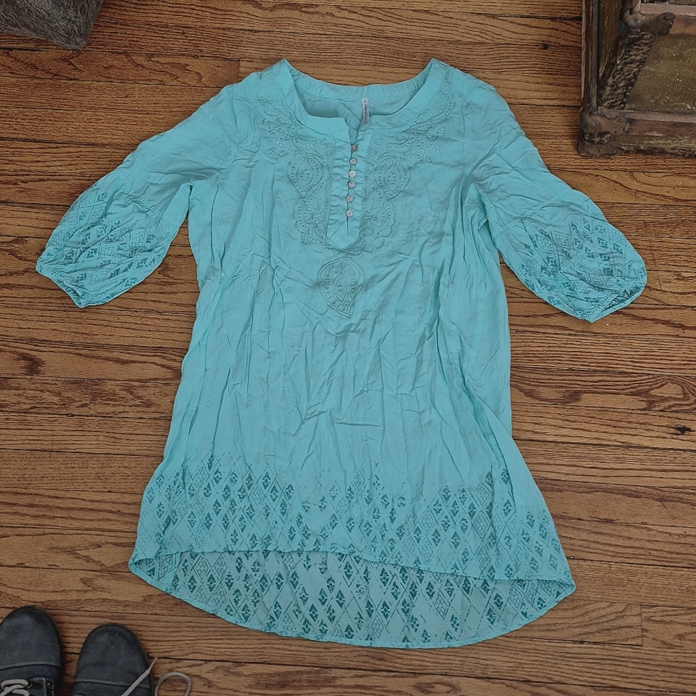 Passports Medium Tropical Sea Foam Green Tunic Swim Coverup High/Low w/ buttons